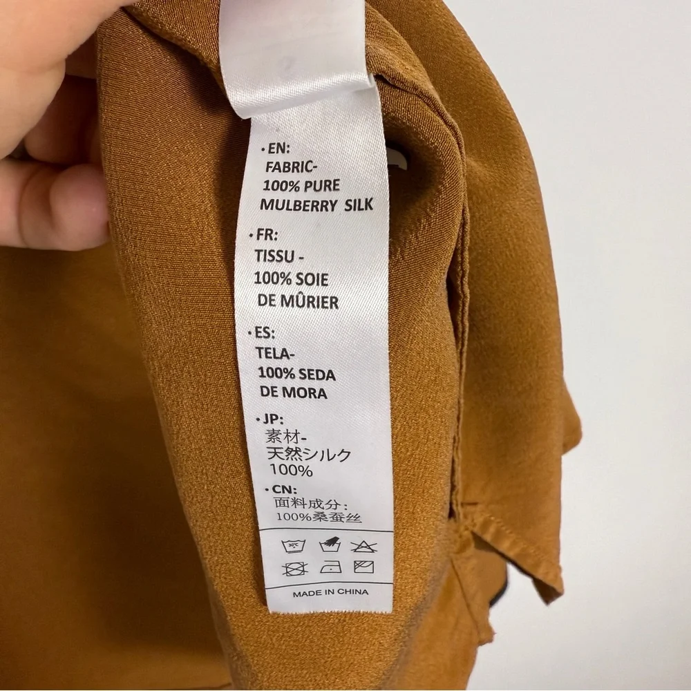 LilySilk 100% Mulberry Silk Blouse Caramel Button Down Contrast Collar S - Picture 7 of 7